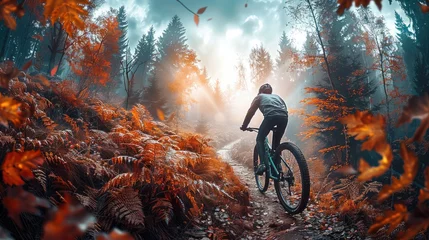Fotobehang Man riding a bicycle across extreme forest trails. Generative AI. © visoot
