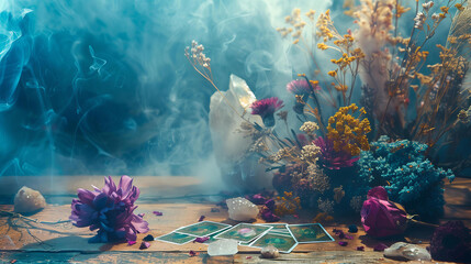 Tarot cards on the table with crystals, dry flowers and smoke . Blurred background with copy space. occult, esoteric services. love spell, fortune telling, removing the evil eye or curse	
