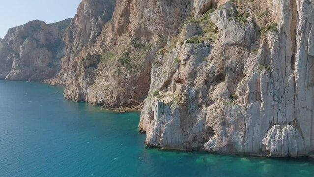 Aerial view of Porto Flavia located in Sardinia, Italy. It was a service infrastructure of the Masua mining area, no longer operational today and used as a port of embarkation for material extracted.