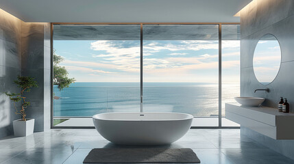 Bathroom minimal style, big window, ocean view. Generative AI.