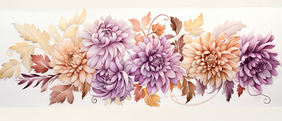 a many flowers painted on a white background with leaves