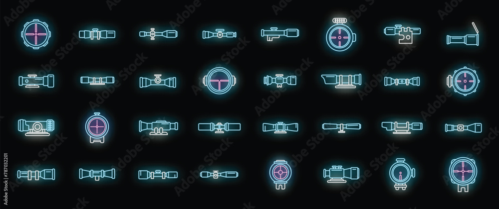 Poster telescopic sight icons set outline vector. sniper scope. target cross neon color on black