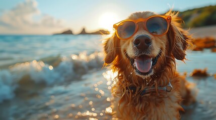 cute dog sporting sunglasses while exploring the sandy shores and enjoying the warm sunshine, exuding happiness and contentment amidst the beauty of the beach, in cinematic high resolution. - obrazy, fototapety, plakaty