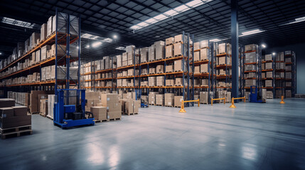 Industrial Warehouse Interior with Rows of Shelves and Pallets