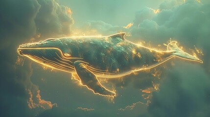 Luxurious and surreal art piece featuring a whale swimming through the sky, outlined in golden lines against a dreamy cloud backdrop - obrazy, fototapety, plakaty