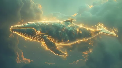 Fotobehang Luxurious and surreal art piece featuring a whale swimming through the sky, outlined in golden lines against a dreamy cloud backdrop © Thanadol