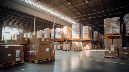 Industrial Warehouse Interior with Rows of Shelves and Pallets