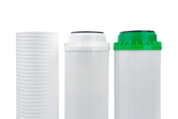 Set three of cartridges for water filter with clear glass of water. Concept of water treatment...