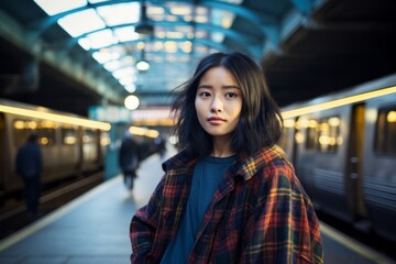 Portrait of a content asian woman in her 20s wearing a comfy flannel shirt isolated on modern city train station