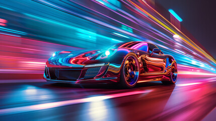 Furious style sports car on neon highway Powerful acceleration of super cars on night tracks with colorful lights and tracks - obrazy, fototapety, plakaty