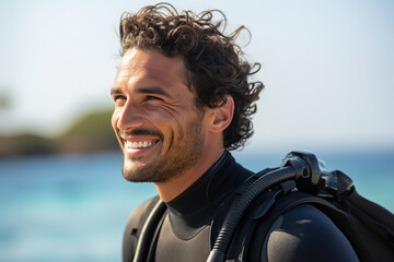 AI generated picture photo of happy scuba diver looking at camera at beach on sunny summer day