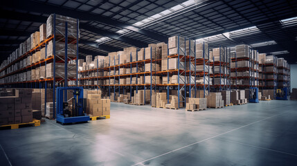 Industrial Warehouse Interior with Rows of Shelves and Pallets