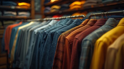 impactful image of shirts lined up neatly on a rail, their smooth fabrics and subtle colors exuding sophistication and style, portrayed in cinematic 8k high resolution. - obrazy, fototapety, plakaty