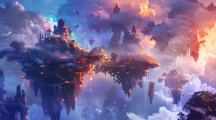 A close up of a surreal dreamscape bathed in ethereal light, floating islands suspended in the sky, interconnected by bridges of shimmering energy,