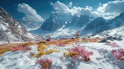 Snowy mountains, flower sea, magnificent scenery, distant view. Generative AI.