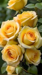 Bright yellow roses bloom, radiating warmth and joy, a symbol of happiness and cheer, perfect for celebrating life's special moments.