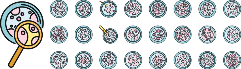 Petri dish icons set outline vector. Bacteria experiment. Dish culture thin line color flat on white - 787033887