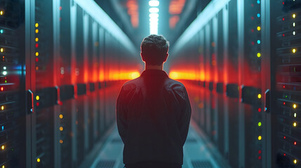 A technician stands at the end of an aisle in a data center, surrounded by servers with glowing red lights, overseeing the complex network infrastructure that powers modern computing. - obrazy, fototapety, plakaty