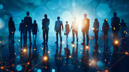 Virtual, people and silhouette for connectivity with business for social network, demographic and internet. Global, online and networking with futuristic technology, big data or information.