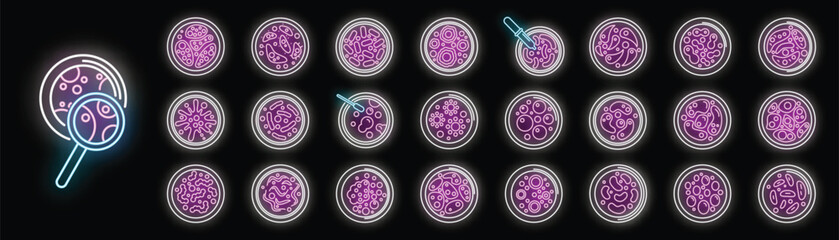 Petri dish icons set outline vector. Bacteria experiment. Dish culture neon color on black
