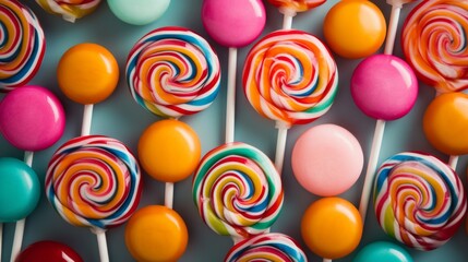 Fototapeta na wymiar Tasty colorful lollipops as a background, top view, copy space.