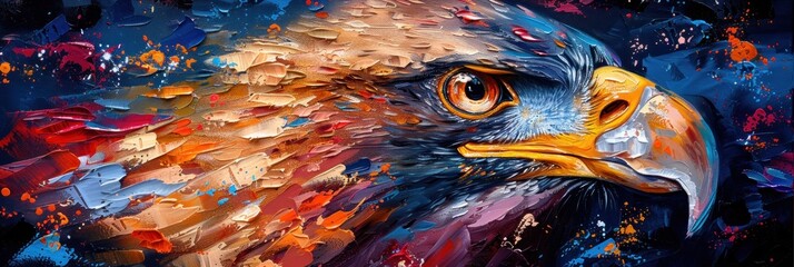 An evocative portrayal of an eagle with a texture-rich, vividly painted feather detail