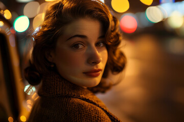 Fototapeta premium Image generative AI of femme fatale woman walk in city cinematic film noir style