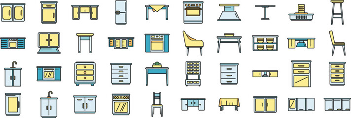Kitchen furniture icons set outline vector. Apartment comfort. Fridge dinning thin line color flat on white - 787034629