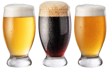 Three glass of different chilled beer on white background. Clipping paths.