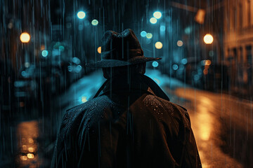 Generative AI image of mysterious man in trench coat and fedora standing under the rain at night - obrazy, fototapety, plakaty