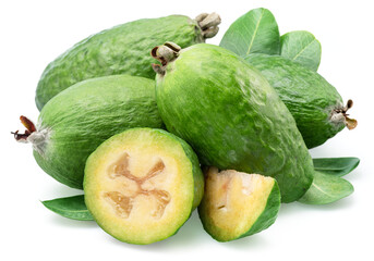 Feijoa fruits with leaf and slice of feijoa isolated on white background.