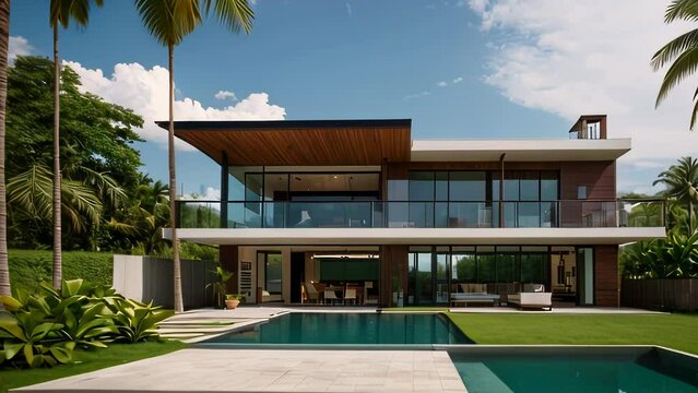 Video animation of modern two-story luxury house with expansive glass windows and a sleek flat roof. An inviting outdoor swimming pool is prominently featured 