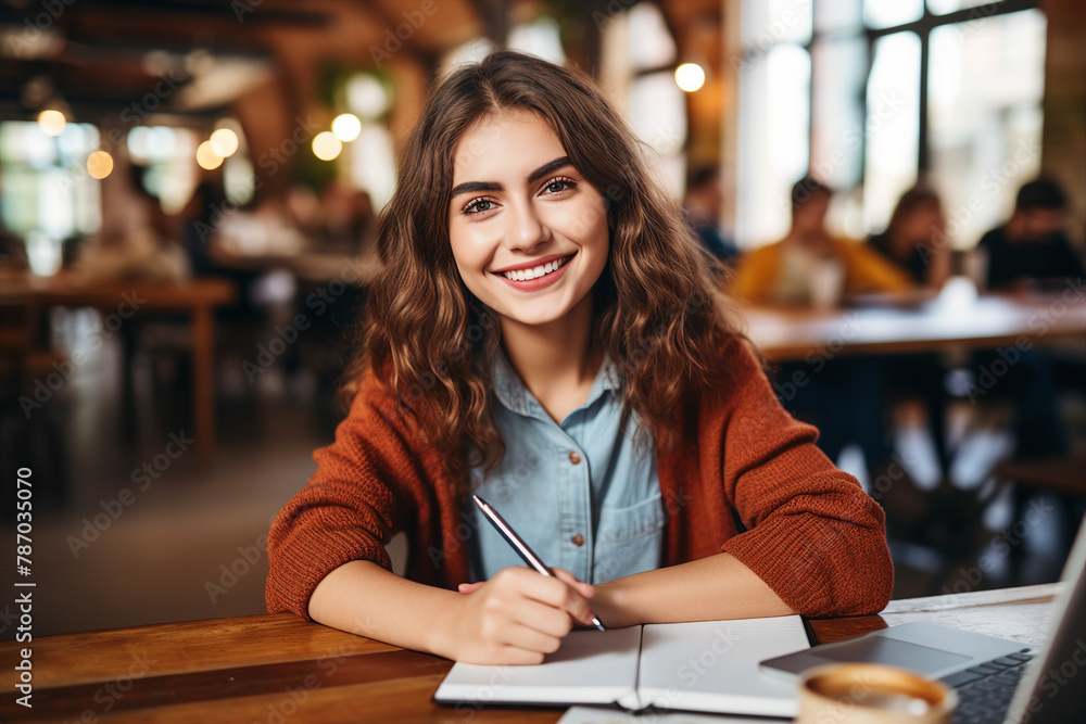 Aufkleber generative ai photo of smiling person working as a tutor from cafe distance lesson