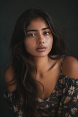 A head shot portrait of a beautiful, confident and attractive Indian Asian woman in a shirt with a floral pattern