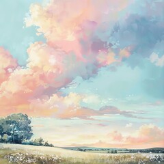 Illustration of an ethereal landscape, Good Heaven, serene skies and tranquil fields, soothing pastels, inviting peaceful contemplation