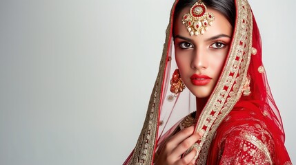 Portrait beautiful indian girl. Young indian woman model with jewelry set . Traditional Indian costume red saree .