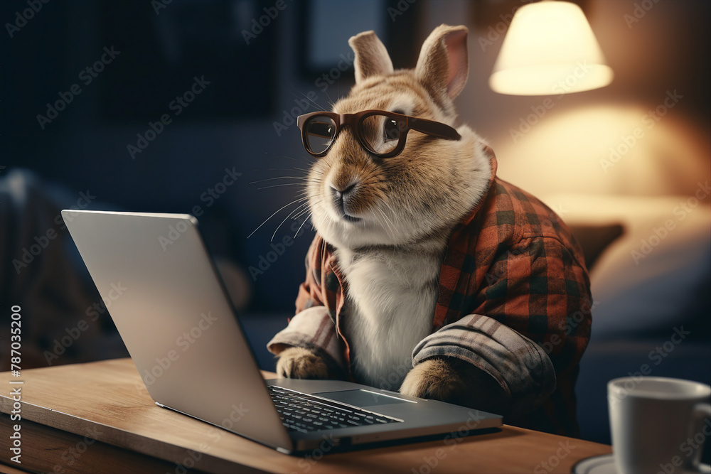 Aufkleber generative ai image of funny rabbit looking at the laptop computer screen cozy flat