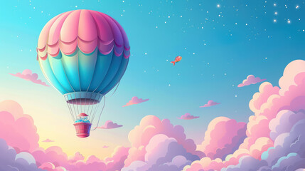 Fototapeta premium magic hot air balloon in the sky, clouds, art, illustration, drawing, wallpaper, background, design, pink, blue, fish, flight, fantasy, dream, transport, travel, fly