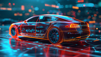 Furious style sports car on neon highway Powerful acceleration of super cars on night tracks with colorful lights and tracks - obrazy, fototapety, plakaty