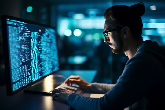 Hard working person in modern interior office programming writing web java script code AI technology generation