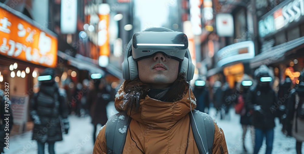 Poster Future, people's where everyone walk around with headset on not talking to each other as they are walking down the street. Generative AI.