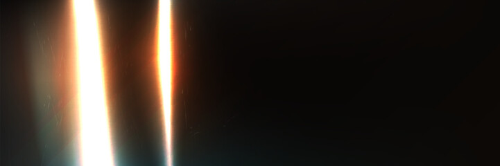 Fototapeta premium Old film with light flash effect on black background. Vector realistic illustration of retro flare photo with scratched dirty surface, sunlight refraction through vintage camera lens, grunge backdrop