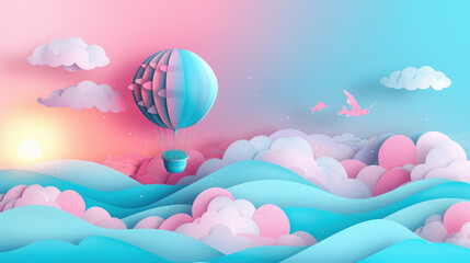 magic hot air balloon in the sky, clouds, art, illustration, drawing, wallpaper, background, design, pink, blue, fish, flight, fantasy, dream, transport, travel, fly