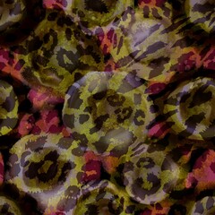 Abstract Digital Painting Watercolor Flowers with Leopard Cheetah Animal Skin Texture Seamless Textile Pattern Colorful Tie Dye Background