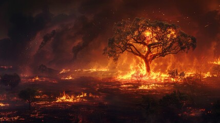 Apocalyptic vision of a lone tree engulfed in flames during a wildfire, representing disaster, climate change, and environmental devastation