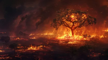 Outdoor-Kissen Apocalyptic vision of a lone tree engulfed in flames during a wildfire, representing disaster, climate change, and environmental devastation © Picza Booth