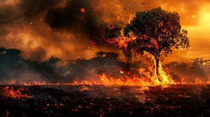 Solitary Tree Afire, Dominating the Scene as a Visual Manifestation of Climate Crisis and Urgency - obrazy, fototapety, plakaty