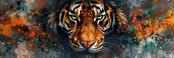 A vibrant portrait of a tiger surrounded by dynamic splashes of paint, conveying power and energy - obrazy, fototapety, plakaty