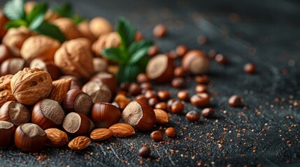 Different kinds of nuts on a black background, close-up view, copy space