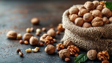 Different kinds of nuts on a black background, close-up view, copy space